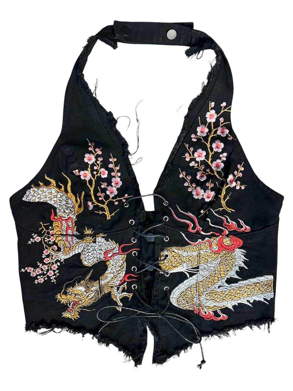 ROMWE Black Dragon Embroidered Lace-Up Distressed Halter Vest